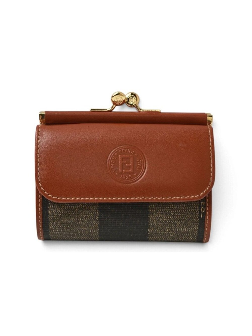 Fendi Wallet Kiss Lock Pecan Pattern Trifold Vintage Brown
